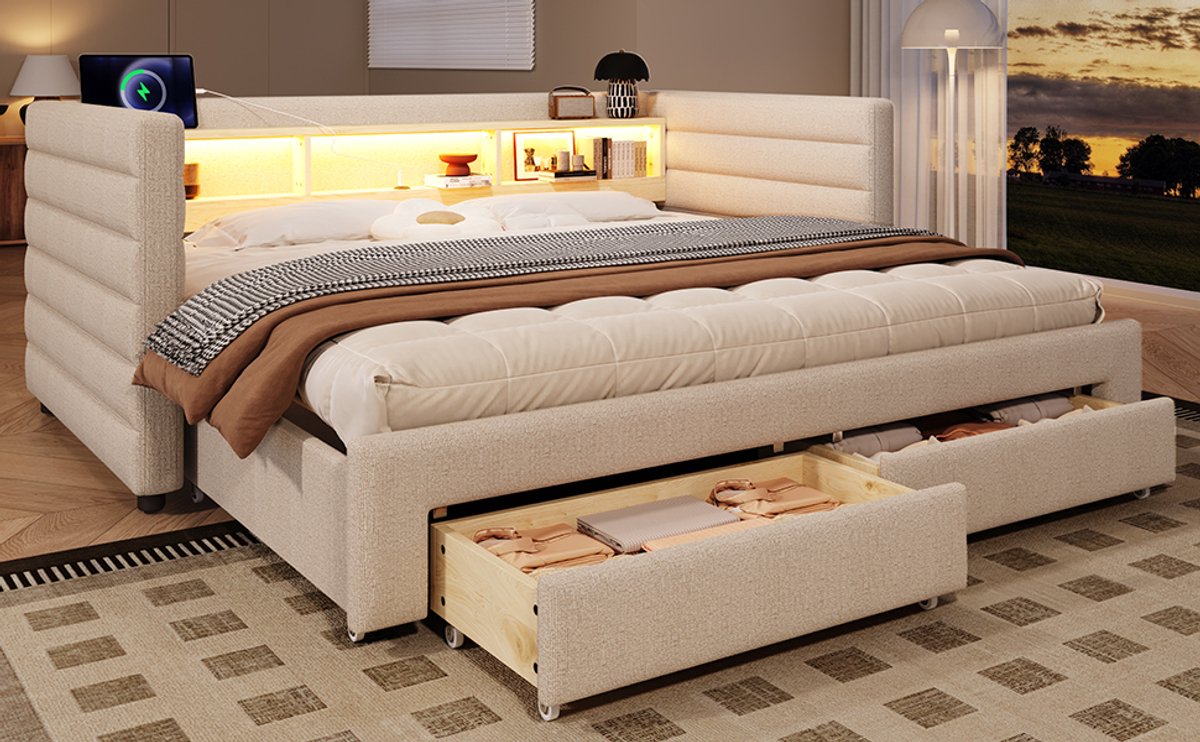 Wishdor Slaapbankbed met Uitschuifbed – 90 x 190 cm – Usb en Type-C – Led-Lichtstrip – Fluweel Beige – Met Lades en Opbergvakken – Ruimtebesparend voor Woonkamer of Logeerkamer – Stevig tot 150 kg