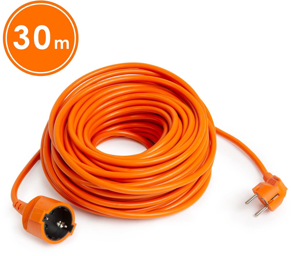 Verlengsnoer - 30 m - Oranje - Schuko CEE 7/4 Stopcontact - Stekker CEE 7/7 - H05VV-F 3×1,5 mm² - 10/16 A - 250 V AC - IP20 - PVC Mantel - Geschikt voor Huis, Kantoor & Tuin [20507OR]