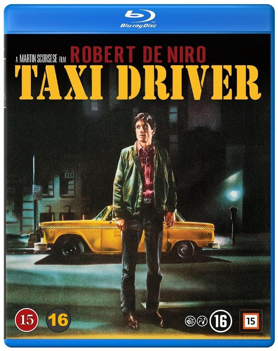 Blu-ray hoes van Taxi Driver met Robert De Niro voor een gele taxi