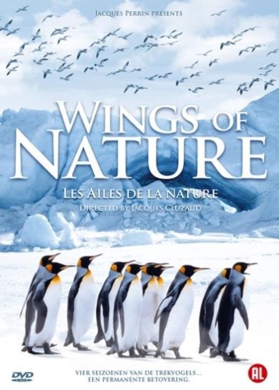 DVD-cover van 'Wings of Nature' met pinguïns en vliegende vogels tegen een ijzige achtergrond. Tekst: 'Wings of Nature', 'Les Ailes de la Nature'.