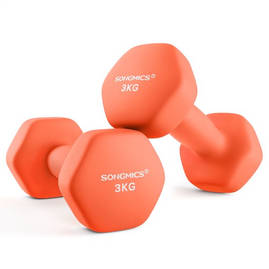 Twee oranje 3kg dumbbells van Songmics op een witte achtergrond.
