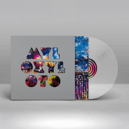 Pochette grise avec les lettres découpées 'MYLO XYLOTO', graffiti coloré sur la pochette. Vinyle transparent avec des cercles colorés.