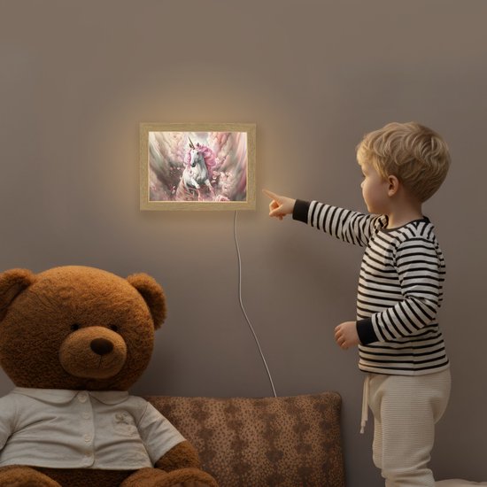 Nachtlampje 20x15 cm - Kinder lampje - Eenhoorn - Meisje - Roze - Bloemen - Sprookje - Tafellamp kinderkamer - Slaapkamer lamp - Bedlamp kinderen - Kinderlampje stopcontact - Wandlamp babykamer - Nachtlampjes van Merkloos — afbeelding 5