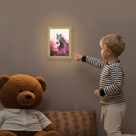 Nachtlampje 15x20 cm - Kinder lampje - Paard - Dieren - Meisje - Roze - Tafellamp kinderkamer - Slaapkamer lamp - Bedlamp kinderen - Kinderlampje stopcontact - Wandlamp babykamer - Nachtlampjes van Merkloos — afbeelding 5