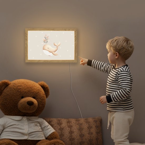 Nachtlampje 30x20 cm - Kinder lampje - Walvis - Minimalistisch - Bloemen - Stippen - Tafellamp kinderkamer - Slaapkamer lamp - Bedlamp kinderen - Kinderlampje stopcontact - Wandlamp babykamer - Nachtlampjes van Merkloos — afbeelding 5