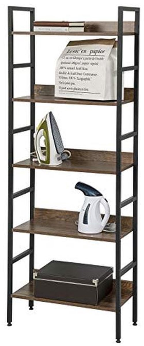 5-Laags Opbergplanken Ladder Boekenkast - Vintage Industrieel Design met Zwart Metalen Frame en Walnoot Houten Planken 60x27,5x160CM