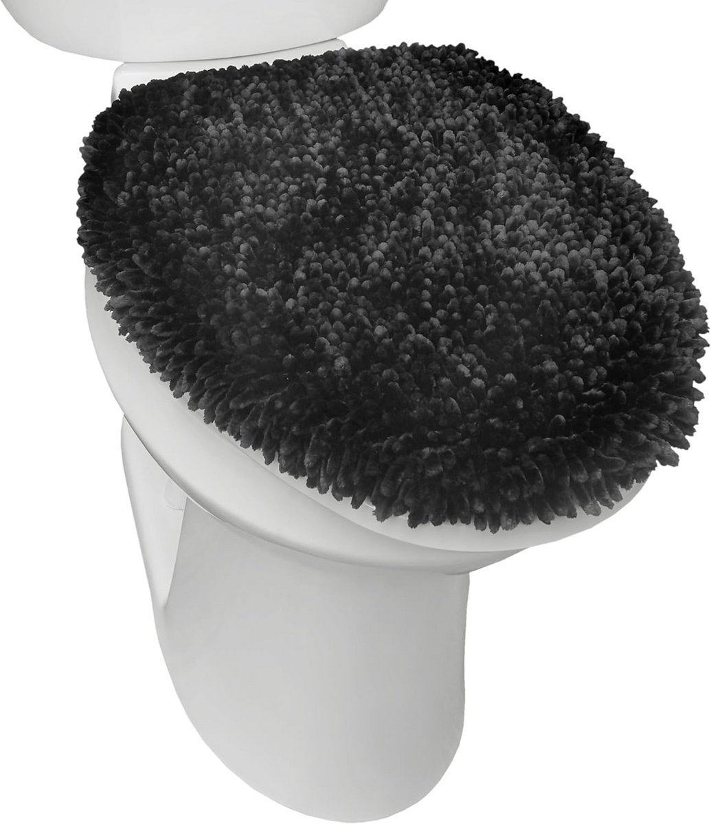 Luxe Pluche Chenille Shag Toilet Deksel Cover - Wasbaar en Ultra Zacht - 47 cm x 49,8 cm - Zwart