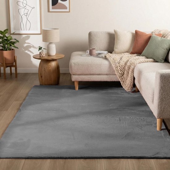 Flycarpets Amalfi vloerkleed Antraciet - Laagpolig wasbaar Fluffy en Zacht - Woonkamer tapijt - 160x230 cm