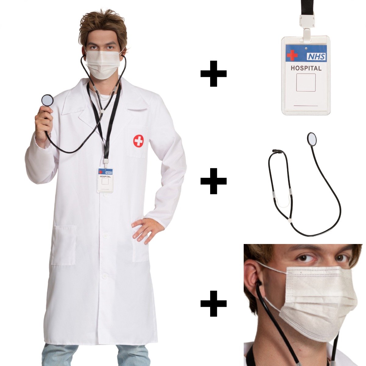 Partyxclusive 4-Delig Doktersjas Kostuum Heren Jas/Mondmasker/Stethoscoop/Keykord Lange Mouw Kostuum Heren Carnavalskleding Heren - Polyester - Wit - S/M