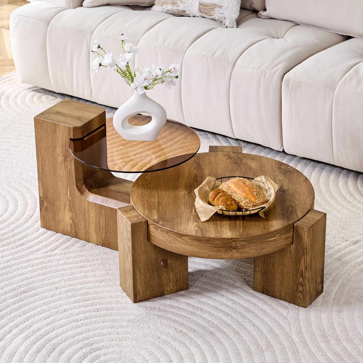 HAUSS SPOLE Salontafelset Rond Met 2 Niveaus En Veiligheidsglas - Inschuifbaar Als 1 Tafel Of 2 Bijzettafels - MDF Houtlook Bruin - 61 En 44 Cm