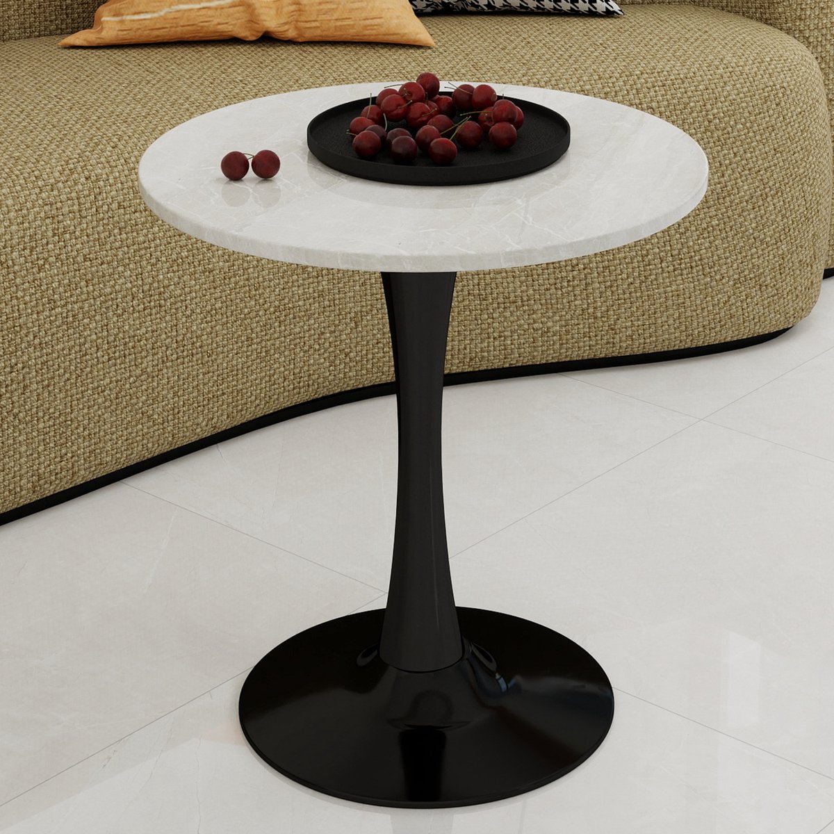 HAUSS SPOLE Salontafel - Rond Tafelblad Met Marmerlook - Voor Woonkamer Eethoek En Loungehoek - Kunstmarmer - Zwart Wit - 70 Cm