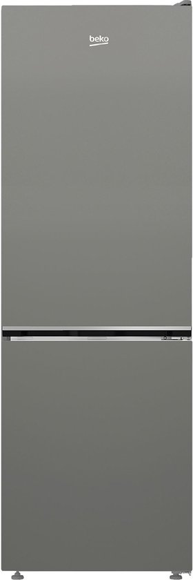 Grijze Beko koelvriescombinatie, frontaal gefotografeerd, met deuren gesloten.