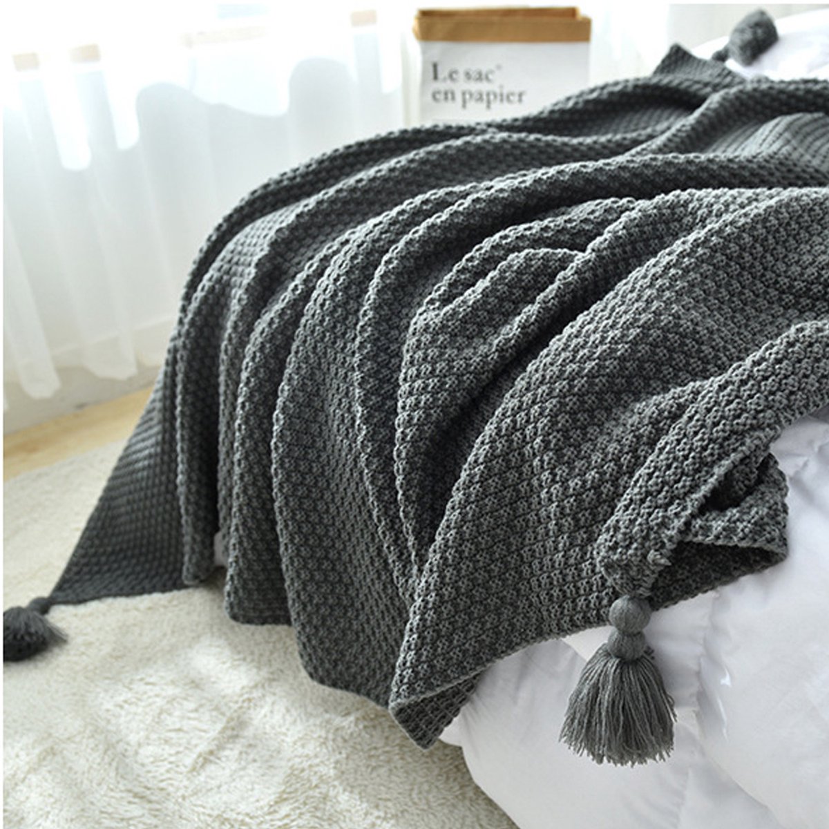 Gebreid Plaid Deken - Tassel Boho - Zacht Lichtgewicht - 130 x 200 cm - Donkerroze