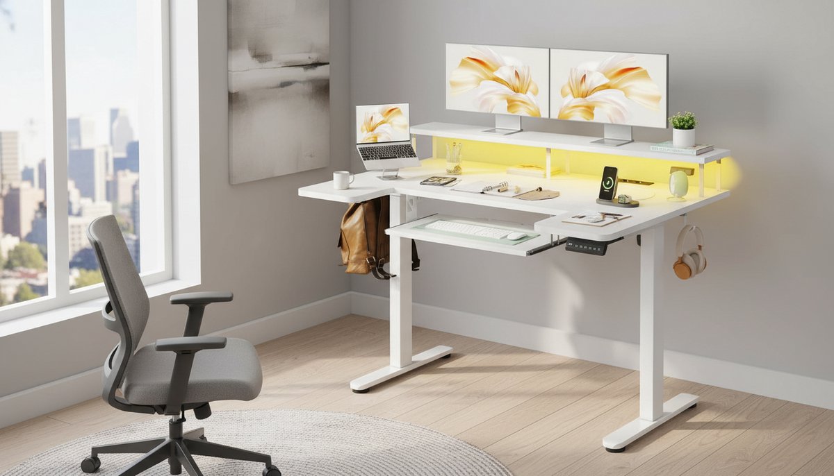 Elektrisch Zit-Sta Bureau 120 cm – Casa Velluto Infinity Pro | In Hoogte Verstelbaar U-vormig Bureau met Monitorstandaard, USB & Stopcontacten | LED Gaming Bureau | Modern Wit Thuiskantoor