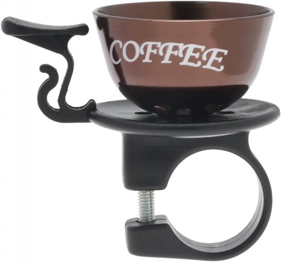 Bruine fietsbel met zwarte houder. Opschrift "COFFEE" in witte letters.