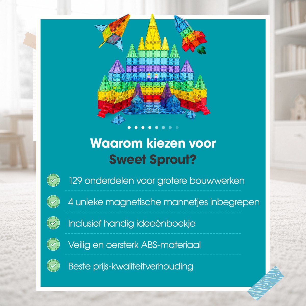 Magnetic tiles - XL 129 stuks - Magnetische tegels - Speelgoed - Magneet tegels - Montessori - Bouwstenen - Travel set - Constructiespeelgoed - Met 4 magna poppetjes — afbeelding 2