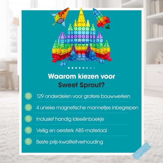 Groot, veelkleurig magnetisch kasteel met twee raketten, deel van een set van 129 onderdelen.