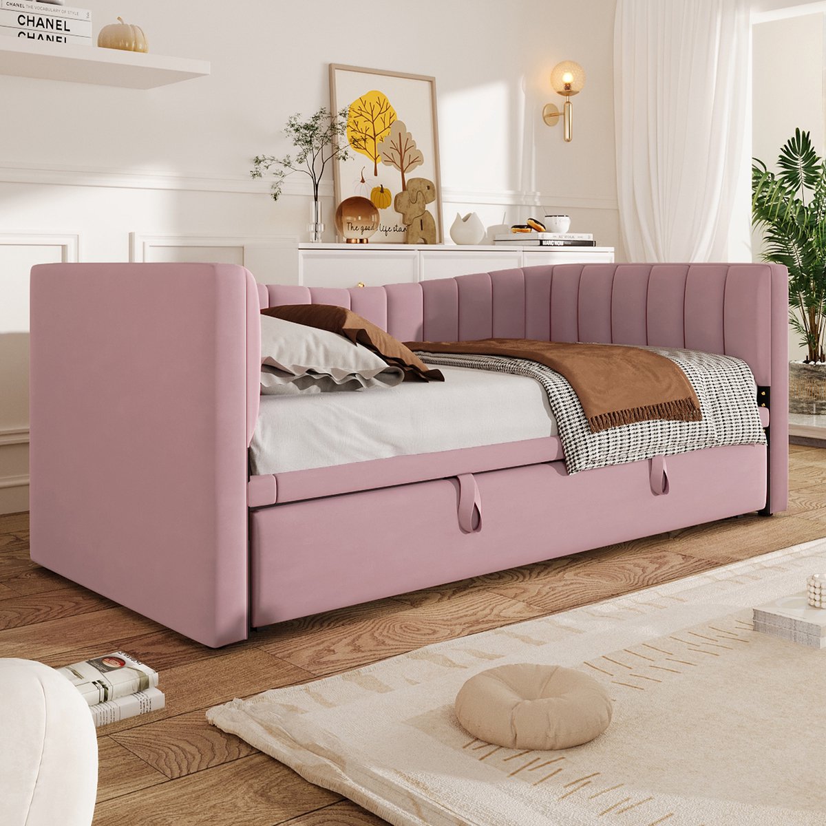 REDOM Slaapbank 215x196.5x75 cm van fluweel, met uitschuifbed Roze