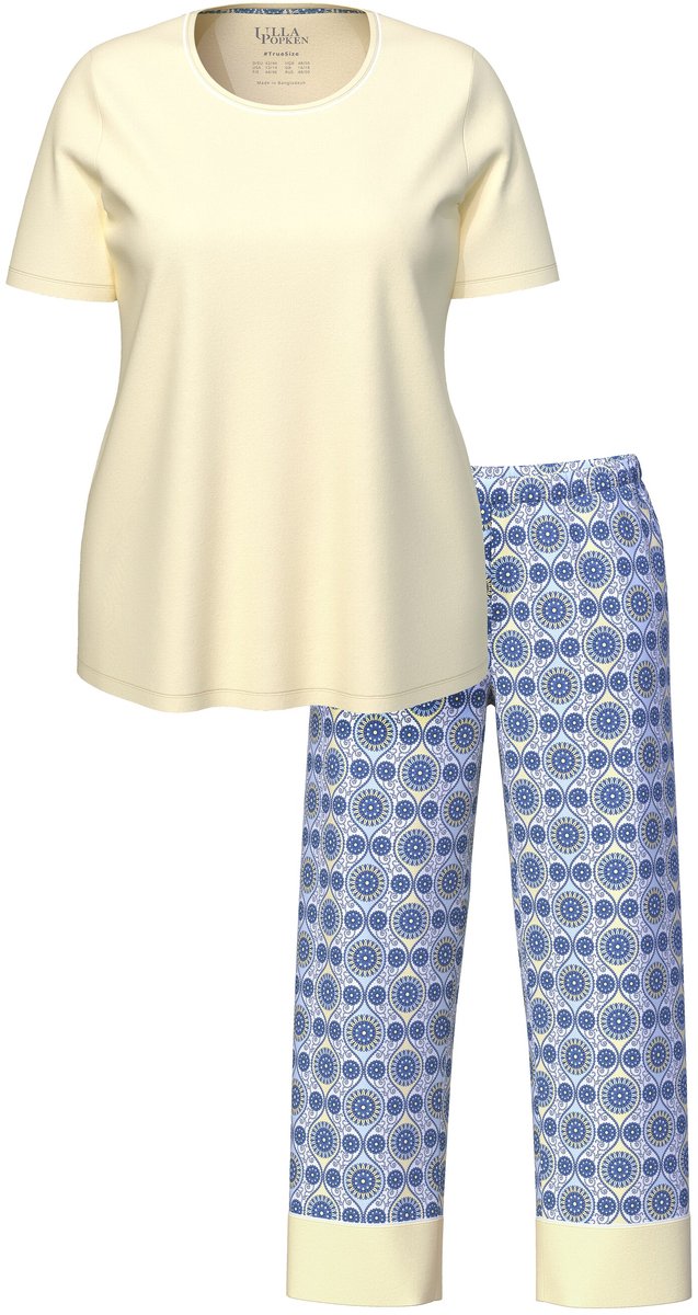 Ulla Popken Dames - Pyjama set van 3 grafisch patroon ronde hals korte mouwen - Bleekgeel - Maat 46+