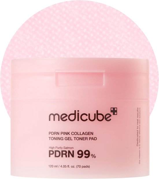 Medicube PDRN Pink Collagen Toning Gel Toner Pad in een roze cirkel.