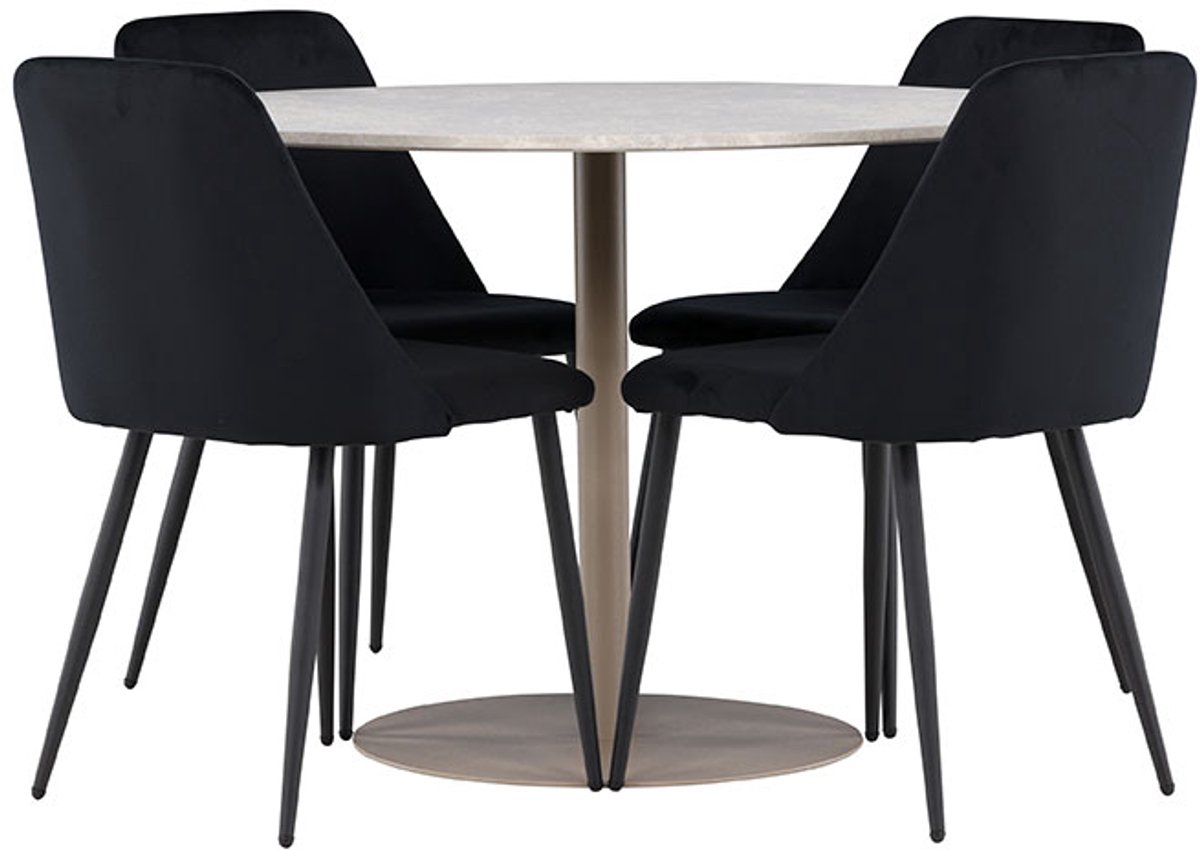 Lycke eethoek tafel Ø110cm en 4 velours stoelen beige.