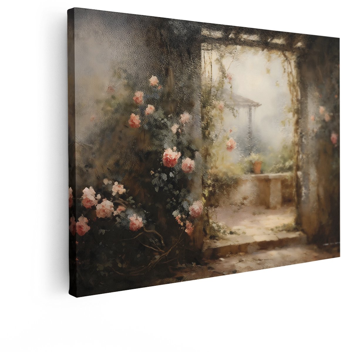 Artaza Canvas Schilderij Tuinpoort - 80x60 cm - Wanddecoratie Rozen - Muurdecoratie Romant