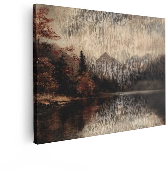 Artaza Canvas Schilderij Berglandschap - 80x60 cm - Wanddecoratie Mistig Meer - Muurdecoratie Herfst Bomen - Decoratie Natuur Landschap