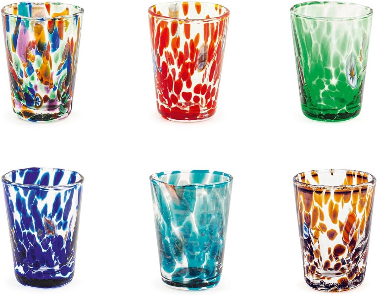 Set van 6 Gekleurde Veneziano Glazen in Italiaans Geblazen Glas
