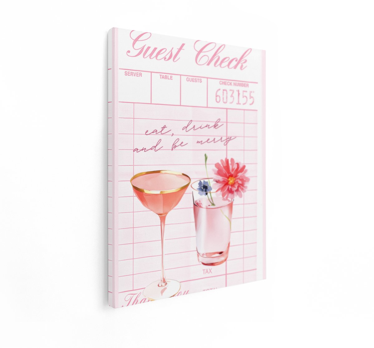 Artaza Canvas Schilderij Guest Check - 60x80 cm - Wanddecoratie Roze Cocktail - Muurdecora