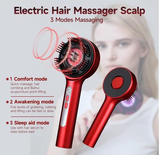 Vrouw met rood elektrisch haar massager hoofdhuid apparaat met rode gloed. "Electric Hair Massager Scalp"