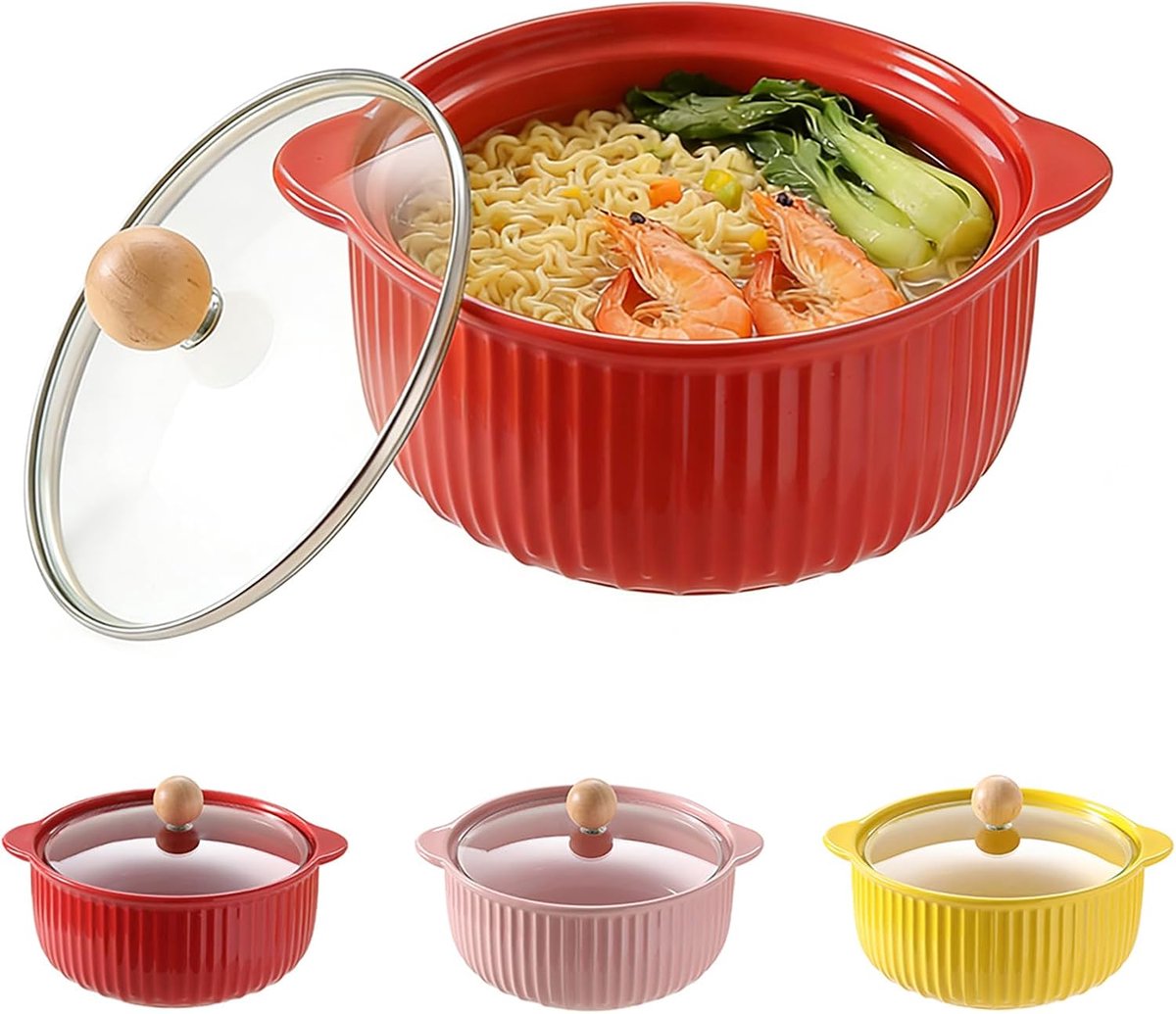 Keramische Ovenschaal - Ramen Kom - Bakken En Serveren - Met Glazen Deksel - 800ml Capaciteit - Rood