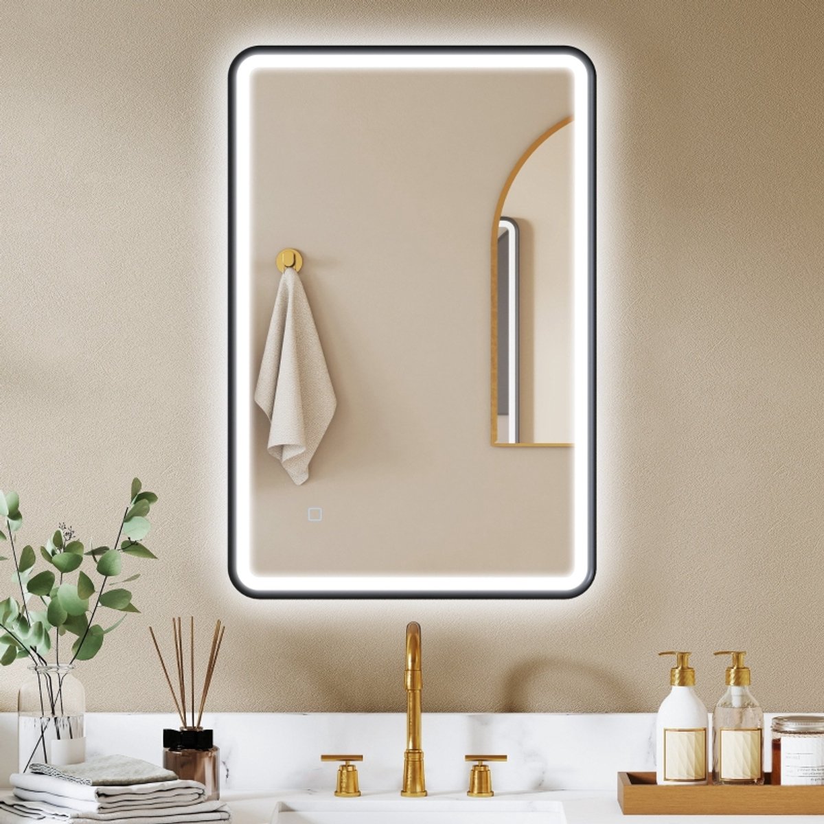 MODFU - Badkamerspiegel - Led-Verlichting En Anti-Condens - Rechthoekig - Gehard Glas - Zwart - 90 X 60 Cm