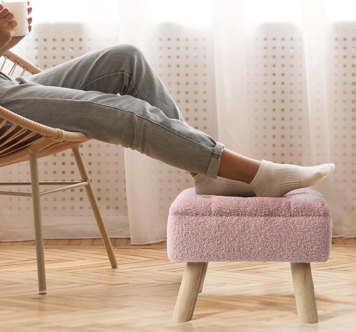 Vanity Kruk - Voetenbank Ottomaan - Opbergen Zitten - Teddy Fluweel Zacht - 50cm Hoog - Roze