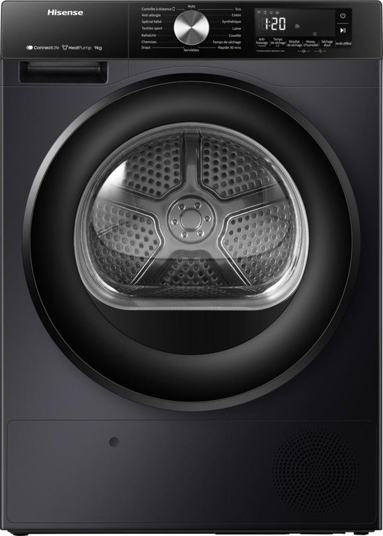 Hisense DH3S902BBCC - Condensdroger - 9 kg - Vrijstaand - Voorbelading - Warmtepomp - Zwart - Draaiknop - TouchControl - 63 dB(A) - Ion Refresh - Allergy Care - Auto Dry