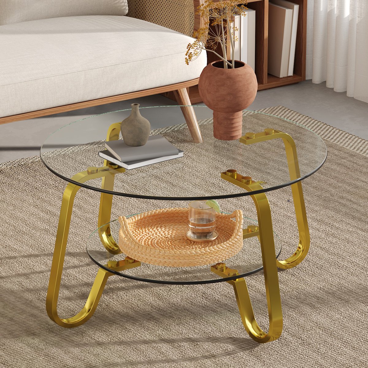 Wishdor Salontafel - Tweelaags Veiligheidsglas - Modern - Woonkamer - Metaal - Goud