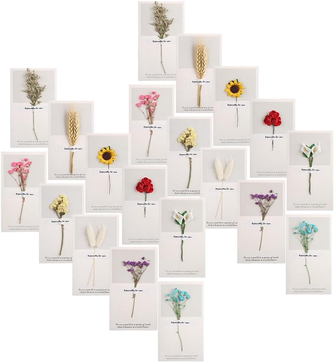 Wenskaarten Gedroogde Bloemen - Handgemaakte Kaarten - Verjaardag Bruiloft - 20 Stuks Uniek - 9x16cm - Wit
