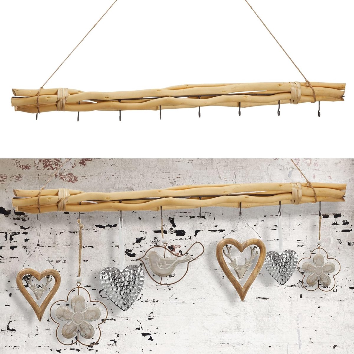 Houten Decoratie Stang - Natuurlijke Takken - Seizoens Decoratie - Met 8 Metalen Haken - 80 cm Lengte - Naturel