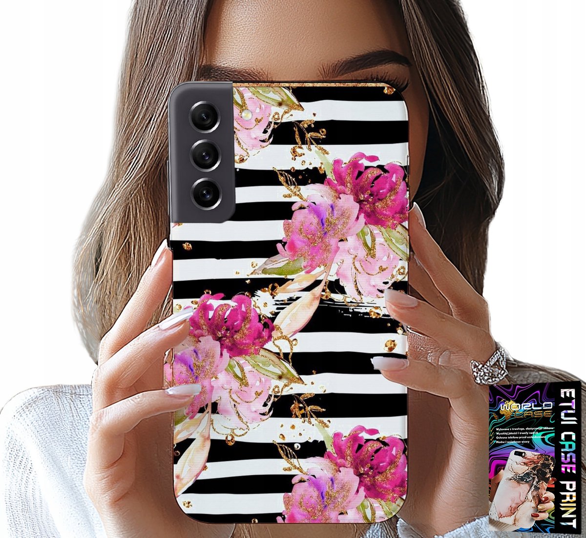 HOESJE VOOR SAMSUNG GALAXY S22 - BLOEMENPATROON ZWART-WIT GESTREEPT