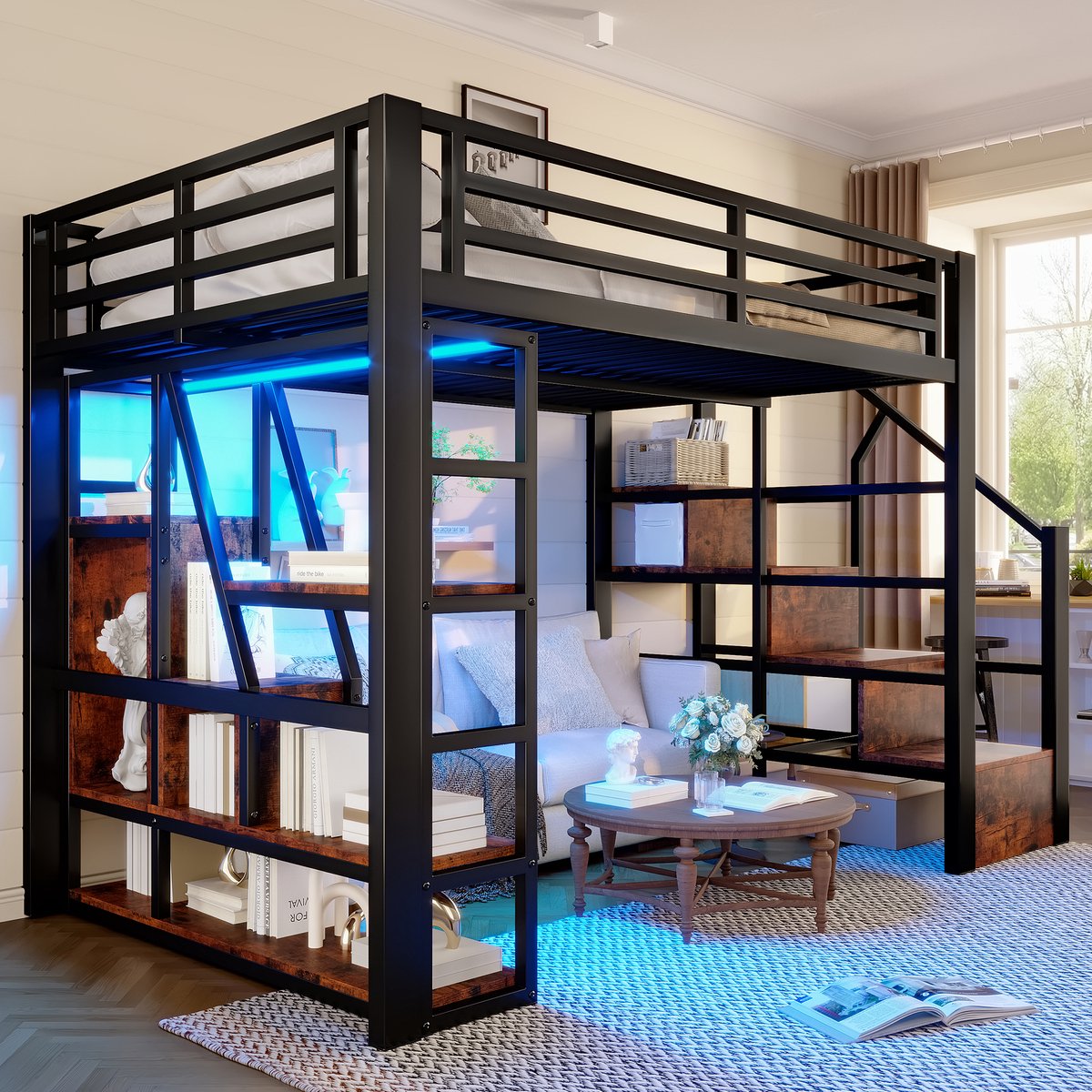 MODENUIT Hoogslaper 140x200 cm – Zonder matras – Ledverlichting en opbergtrap – Open onderruimte – Metaal en MDF – Zwart