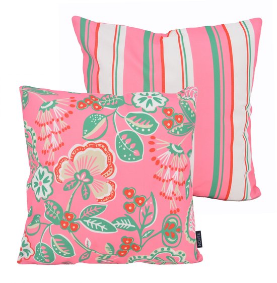 Sierkussen Fleur / Rayure - Rose | Collection Plein air / Extérieur | 45 x 45 cm | Coton