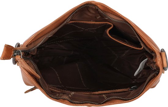 Open cognac leren schoudertas met een bruin gevoerd interieur met vakken.
