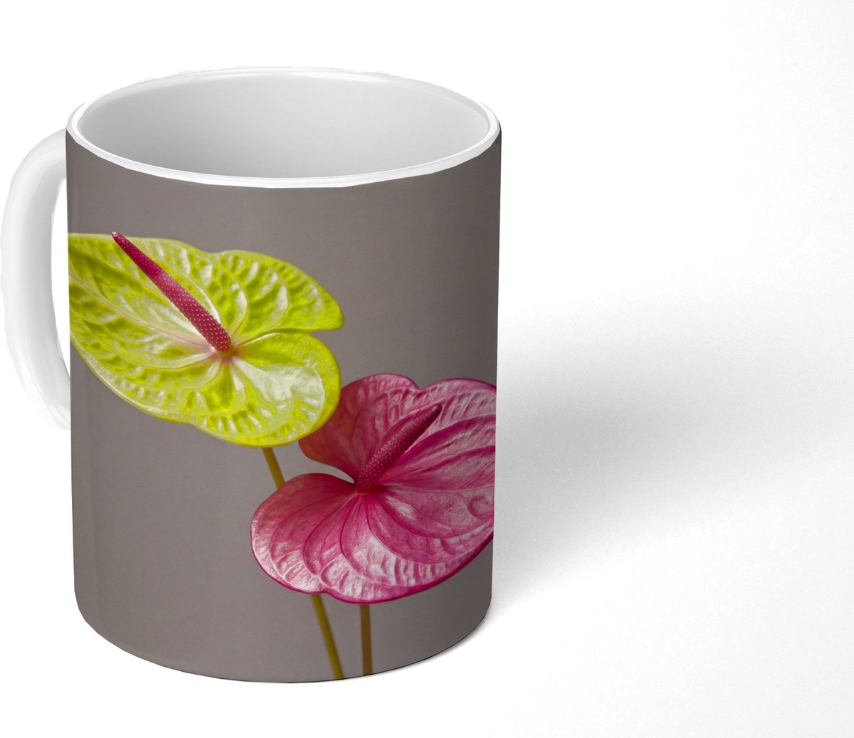 Mok - Koffiemok - Planten - Anthurium - Groen - Roze - Mokken - 350 ML - Beker - Koffiemokken - Theemok