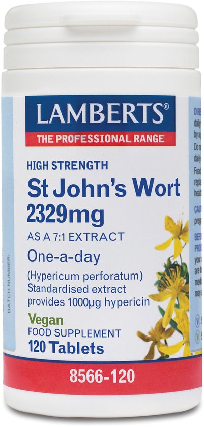 Witte pot Lamberts St. John's Wort 2329mg, 120 vegan tabletten, met gele bloemen.