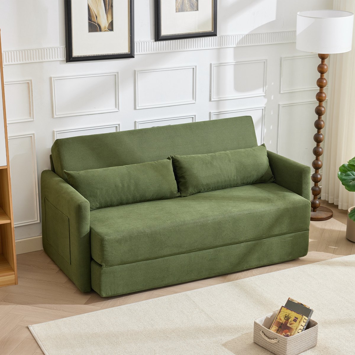 REDOM - Vloerslaapbank - 2-In-1 Inklapbaar - 2-Zits - Voor Kleine Ruimtes - Ribstof - Groen - 165 X 92 X 82 Cm