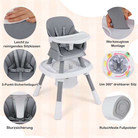 COSTWAY kinderstoel Baby 16 in 1, kinderstoel & speelgoedtafel & bouwblokkenbord & kinderstoel & zitverhoger met afneembaar dienblad, 5-puntsgordel & mand, kinderstoel voor kinderen vanaf 6 maanden (grijs) van COSTWAY — afbeelding 3