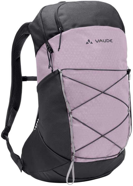 Roze Vaude rugzak met zwart boven- en onderpaneel en decoratief koord aan de voorzijde.