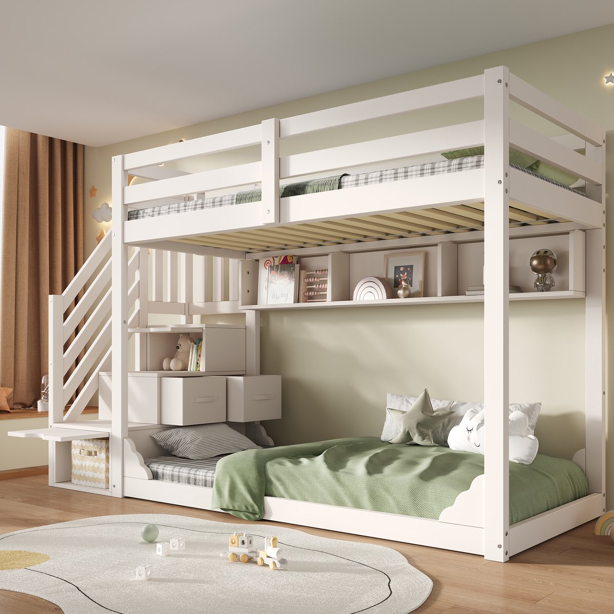 Stapelbed - 90 x 200 cm - Met Trapkast en Opbergruimte - Met Veiligheidshek - Hout - Wit