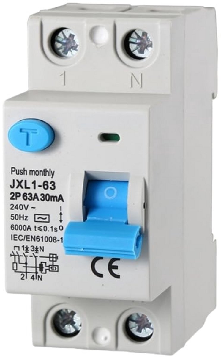 Differentieel Schakelaar 2P 63A 30mA 2 Modulen - Veilige Stroomonderbreker voor Woning en Bedrijf