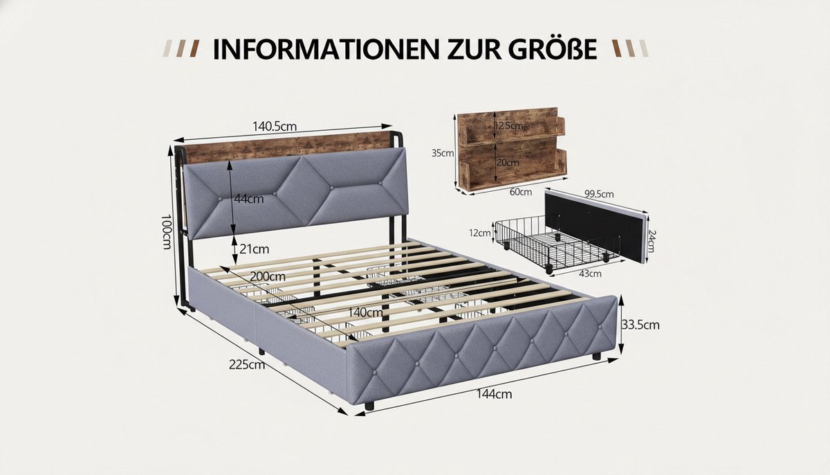 Bedframe 140x200 cm – Casa Velluto Eclipse Luxe Tweepersoonsbed met 4 Laden, Verborgen Opbergvakken en Modern Laadstation – Gestoffeerd Linnen – Grijs