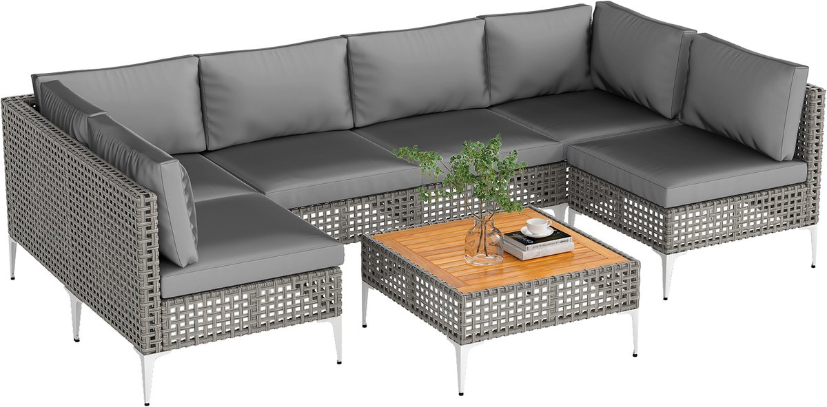 COSTWAY Loungemeubelen voor buiten, rotan tuinlounge met tafel en kussens, vrij te combineren, tuinmeubelset, balkonmeubels, terrasmeubels, zitgroep voor tuin, balkon, terras